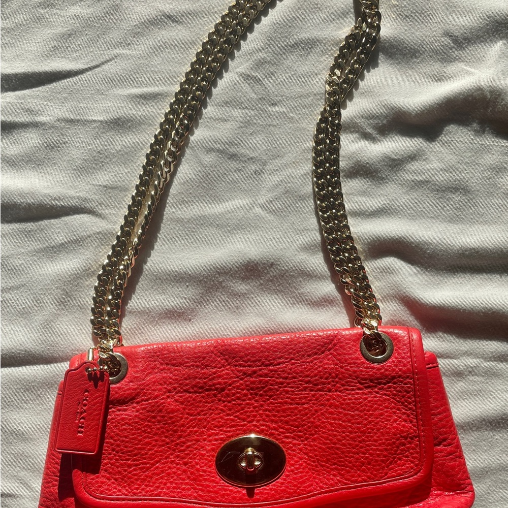Coach Vibrant Red Leather Shoulder Bag with Gold Chain